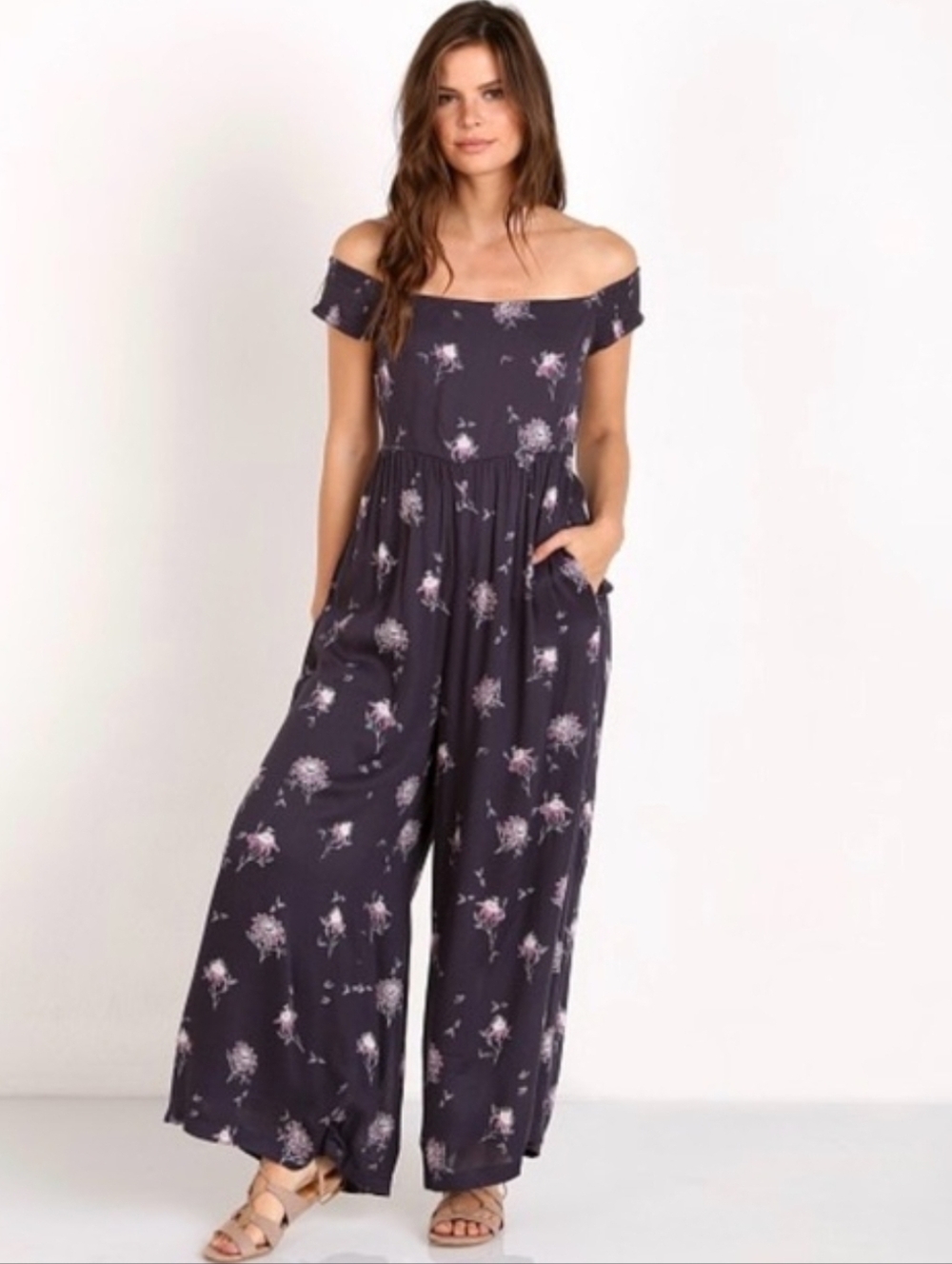 Free People Aster Wide-Leg Floral Jumpsuit Off The Shoulder Smocked Womens XS